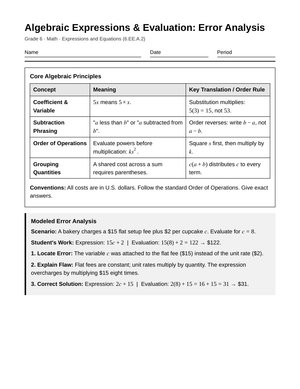 Aligned Algebraic Error Analysis Worksheet | Grade 6 Math