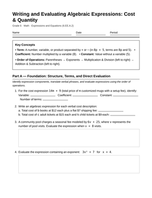 Essential Algebraic Expressions Worksheet | Grade 6 Math