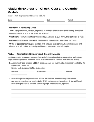 Essential Algebraic Expressions Worksheet | Grade 6 Math