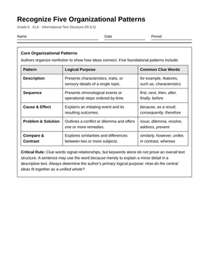 Complete Text Structure Patterns Worksheet | Grade 6 ELA