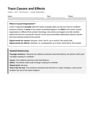 Essential Trace Causes & Effects Worksheet | Grade 6 ELA