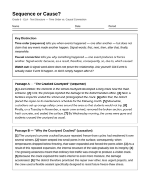 Complete Sequence or Cause Worksheet | Grade 6 ELA