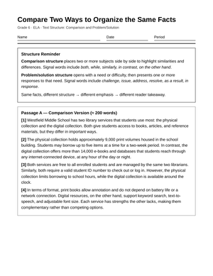 Complete Compare Text Structures Worksheet | Grade 6 ELA