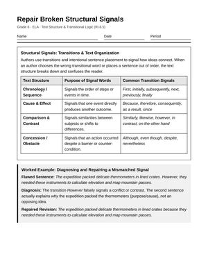 Essential Structural Signals Worksheet | Grade 6 ELA