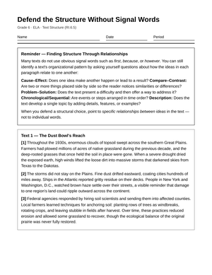 Complete Defending Text Structure Worksheet | Grade 6 ELA