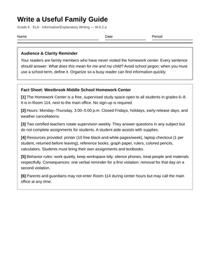 Aligned W.6.2.a Family Guide Worksheet | Grade 6 ELA