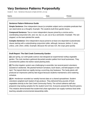 Complete Varying Sentence Patterns Worksheet | Grade 6 ELA