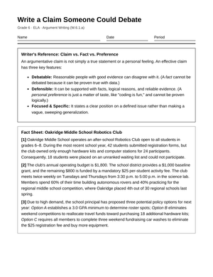 Complete Writing Debatable Claims Worksheet | Grade 6 ELA