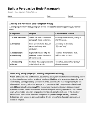 Complete Persuasive Body Paragraph Worksheet | Grade 6 ELA