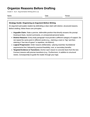 Complete Organizing Reasons Worksheet | Grade 6 ELA