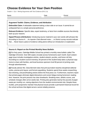 Aligned W.6.1.b Argument Evidence Worksheet | Grade 6 ELA