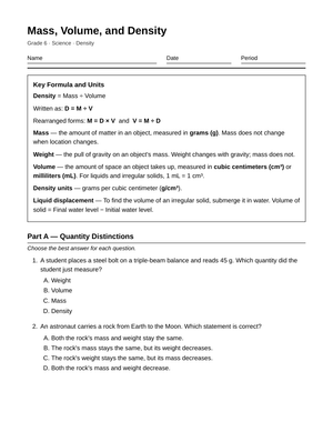Ready Density, Mass & Volume Worksheet | Grade 6 Science