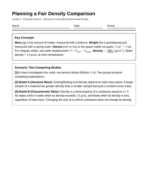 Printable Density Comparison Worksheet | Grade 6 Science