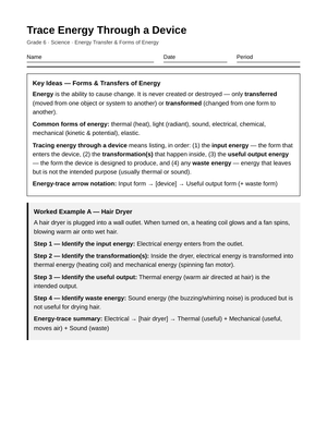 Complete Energy Trace Worksheet | Grade 6 Science
