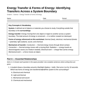 Essential System Boundary Energy Worksheet | Grade 6 Science