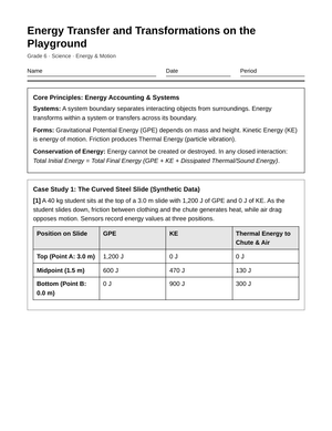 Essential Playground Energy Worksheet | Grade 6 Science