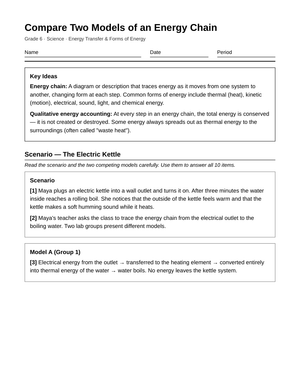 Essential Energy Chain Models Worksheet | Grade 6 Science