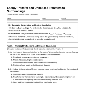 Complete Unnoticed Energy Transfer Worksheet | Grade 6