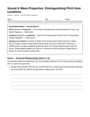 Essential Pitch and Loudness Worksheet | Grade 6 Science