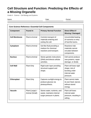 Essential Missing Cell Function Worksheet | Grade 6 Science