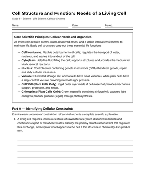 Complete Living Cell Needs Worksheet | Grade 6 Science