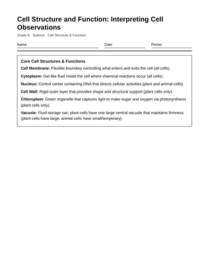 Essential Cell Function Data Worksheet | Grade 6 Science