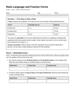 Printable Ratio & Fraction Forms Worksheet | Grade 6 Math