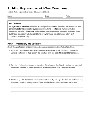 Complete Two-Condition Expressions Worksheet | Grade 6 Math