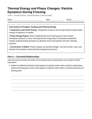 Printable Particle Changes Freezing Worksheet | Grade 7