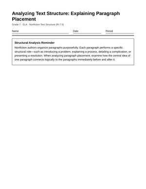 Printable Paragraph Placement Worksheet | Grade 7 ELA