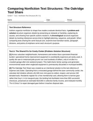 Aligned Compare Text Structures Worksheet | Grade 7 ELA