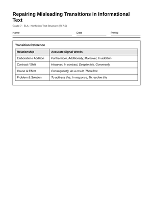 Complete Misleading Transitions Worksheet | Grade 7 ELA