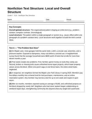 Complete Local & Global Structure Worksheet | Grade 7 ELA