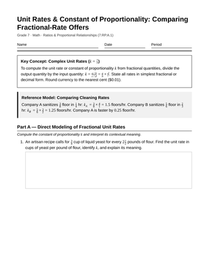 Complete Fractional Unit Rates Worksheet | Grade 7 Math