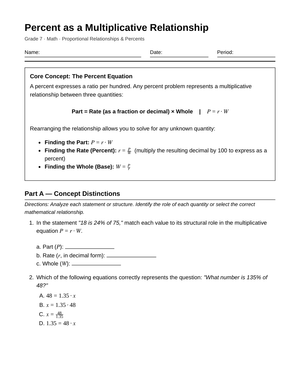 Complete Multiplicative Percent Worksheet | Grade 7 Math