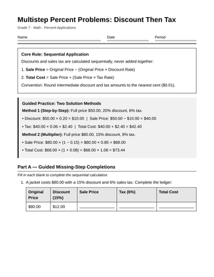 Printable Discount Then Tax Worksheet | Grade 7 Math