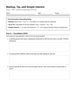 Printable Markup, Tip & Interest Worksheet | Grade 7 Math