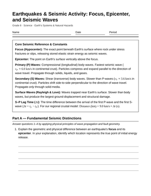 Essential Focus, Epicenter & Seismic Waves Worksheet