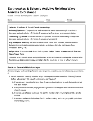 Complete Seismic Wave Arrivals Worksheet | Grade 8 Science
