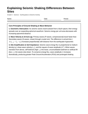 Complete Seismic Shaking Differences Worksheet | Grade 8