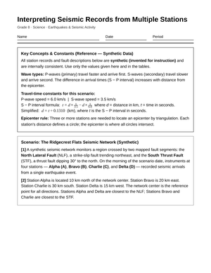 Printable Seismic Records Worksheet | Grade 8 Science