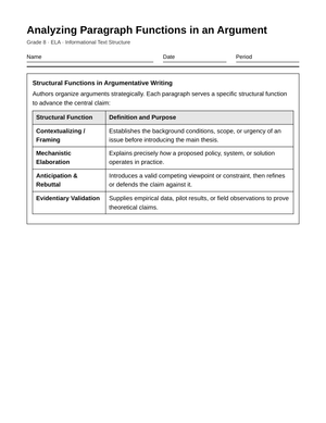 Essential Paragraph Functions Worksheet | Grade 8 ELA