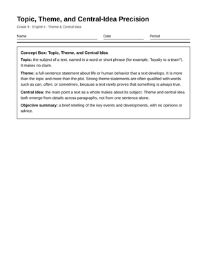 Essential Theme & Central Idea Worksheet | Grade 9 English I