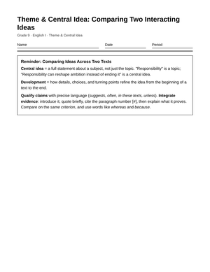 Printable Interacting Ideas Worksheet | Grade 9 English I