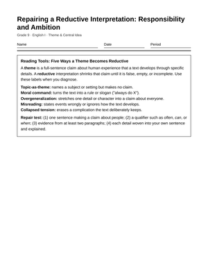 Printable Reductive Themes Worksheet | Grade 9 English I
