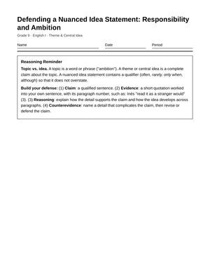 Printable Nuanced Idea Defense Worksheet | Grade 9 English I