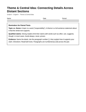 Printable Connecting Details Worksheet | Grade 9 English I