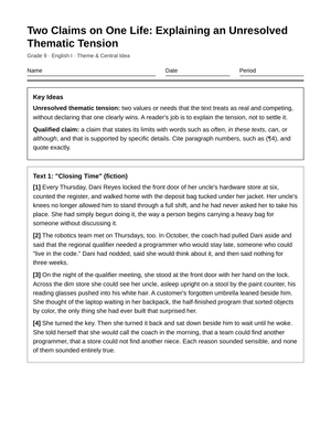 Printable Thematic Tension Worksheet | Grade 9 English I