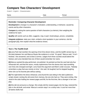 Essential Character Comparison Worksheet | Grade 9 English I