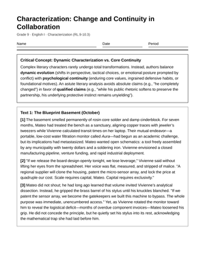 Complete Character Continuity Worksheet | Grade 9 English I